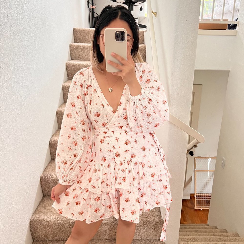 Maia Bergman Ines Eyelet Floral Wrap Long Sleeve Mini Dress S‌‌‌‌‌‌‌‌‌‌